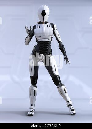 3D-Rendering für eine weibliche Android Roboter stehen und posieren. Futuristische ai Konzept. Stockfoto