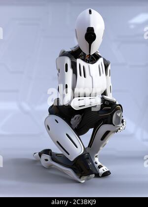 3D-Rendering für eine weibliche Android Roboter hinsetzen hockend. Futuristische ai Konzept. Stockfoto