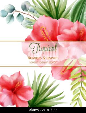 Roter Hibiskus. Palmblätter. Tropische Blumen und Blätter mit Platz für Text. Vektor Stock Vektor