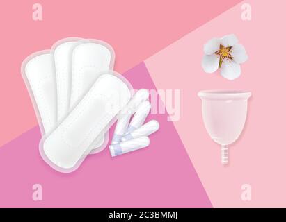 Rosa Zusammensetzung mit Menstruationszyklus Hygieneprodukte und Blume. Sanitärbecher, Serviette und Tampons. Vektor Stock Vektor