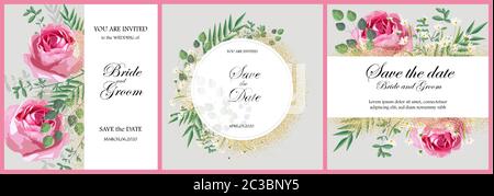 Set von romantischen Einladungskarten mit Rosenblüten, grünen Blättern und Kamille. Vektor „Love Day“ Stock Vektor