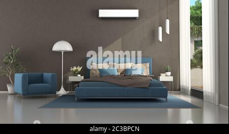 Blau und Braun modernes Elternschlafzimmer mit Doppelbett und Nachttisch - 3D-Rendering Stockfoto