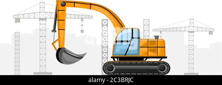 Gelber Bagger mit Kran auf Hintergrund. Konstruktionsvektor Stock Vektor