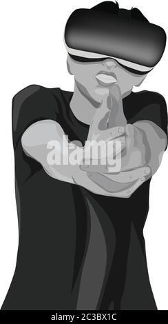 Mann mit vr Headset schießen mit seinen Fingern. Schwarz und Weiß. Vektor Stock Vektor