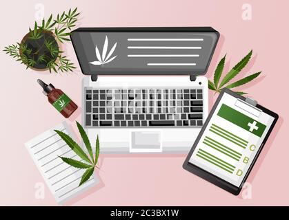 Cannabiszusammensetzung mit organischem cbd-Öl, Papierablagen und Marihuana-Website auf Laptop. Vektor Stock Vektor