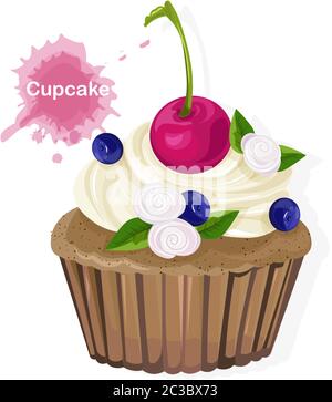 Brauner Cupcake mit weißen Creme-Ornamenten, Kirsche, Blaubeeren und Blumen. Vektor Stock Vektor