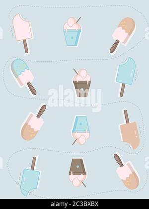 Flache Art Eis auf Stick und Kugeln mit Löffel. Blauer und roséer Hintergrund. Vektor Stock Vektor