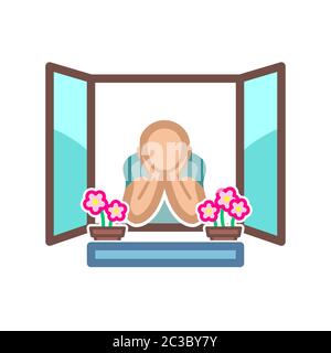 Bleib zu Hause Symbol in Farbe einer Person, die aus dem Fenster schaut. Isoliert auf Weiß. Vektorgrafik. Stock Vektor