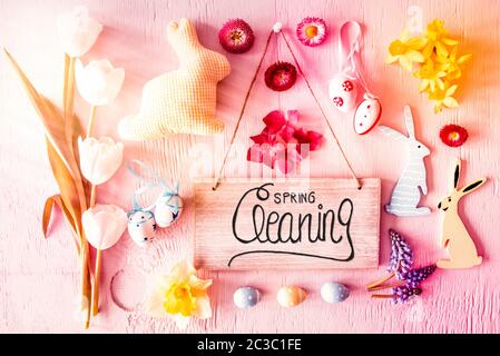 Rustikales Holzschild mit englischen Kalligraphie Frühjahrsputz. Sonnige nostalgische Flach mit Frühling Blumen Blüten und Ostern Dekoration wie Ostern Bu Stockfoto