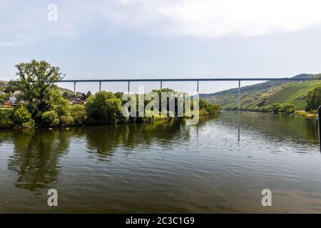 Das Tal der Mosel und die hohe Brücke über der Mosel in der Nähe des Weinortes Zeltingen-Rachtig Stockfoto