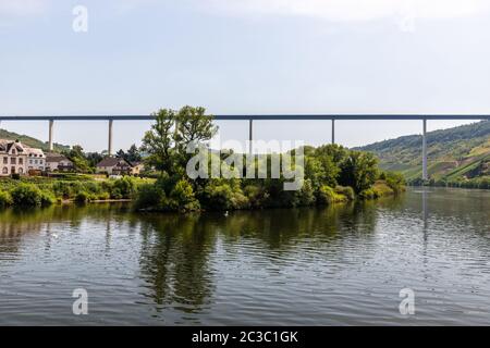 Das Tal der Mosel und die hohe Brücke über der Mosel in der Nähe des Weinortes Zeltingen-Rachtig Stockfoto