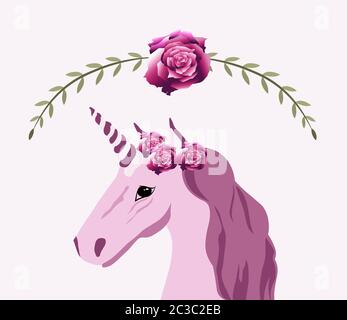 Rosa Einhorn Pony Pferd mit Rosenblüten und grünen Blättern. Vektor Stock Vektor
