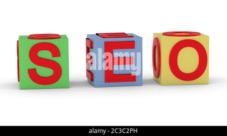 Mehrfarbige Würfel mit dem Wort SEO isoliert auf weiß. Geschäftskonzept Stockfoto