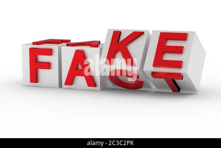 Würfel mit Buchstaben umkehren und die Wörter ändern sich von TATSACHE zu FÄLSCHUNG. 3d-Rendering Stockfoto