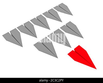 Führungskonzept. Eine rote Führungsebene führt andere graue Ebenen nach vorne. 3d-Rendering Stockfoto