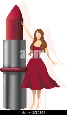 Junge Frau in rotem Kleid mit einem gigantischen Lippenstift. Vektor Stock Vektor