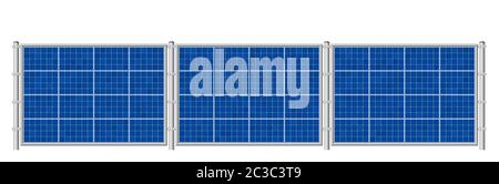 Solarzaun. Photovoltaik-Paneele für die ökologische Stromerzeugung. Solarplatten Kollektor Set - Abbildung auf weißem Hintergrund. Stockfoto