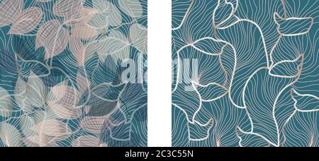 Set von floralen Ornamenten Muster und fließende Linien Design. Grün und rosa Farbe. Vektor Stock Vektor