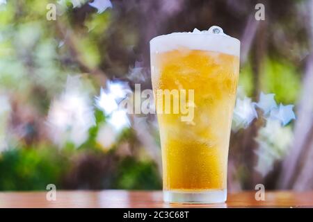 Kaltes Bier in einem Glas mit Natur Bokeh Hintergrund Stockfoto