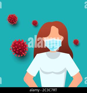 Junge Ärztin in blauer medizinischer Maske und Coronavirus-Zellen um auf grünem Hintergrund. Quarantänekonzept. Neuartiges Coronavirus 2019-nCoV, Vektordarstellung Stock Vektor