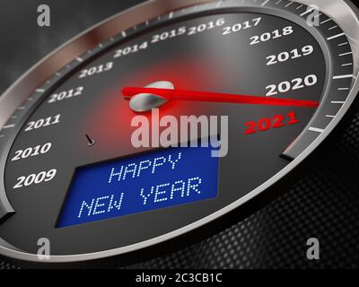 Der Tacho zeigt 2021 und die Aufschrift auf dem Bildschirm an: Frohes neues Jahr. 3D-Rendering Stockfoto