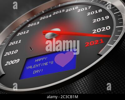 Der Tacho zeigt 2021 und die Aufschrift auf dem Bildschirm: Happy Valentine's Day. 3D-Rendering Stockfoto