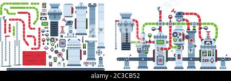 Fabrik Förderband fantastische Maschine. Ausrüstung für industrielle Mechanismen Stock Vektor