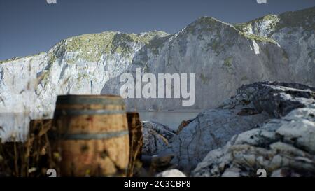 Holzfässer mit Meeresfischen am Sandstrand Stockfoto