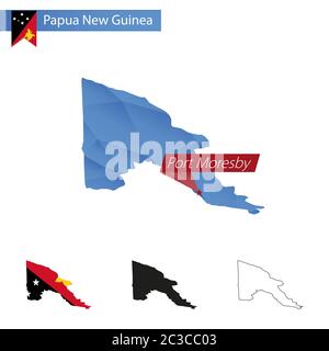 Papua-Neuguinea-Karte mit blauem Low Poly-Plan mit Hauptstadt Port Moresby, Versionen mit Flagge, schwarz und Umriss. Vektorgrafik. Stock Vektor