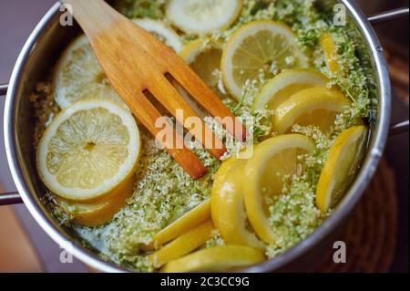 Die Blüten der Sambucus-Arten werden verwendet, um Holunderblüten-Cordial, hausgemachten Süßsirup oder Saft zu produzieren. Stockfoto