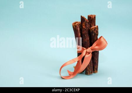 Sticks von getrocknetem Rindfleisch Speiseröhre auf einem türkisfarbenen Hintergrund. Natürliche gesunde Leckereien für Haustiere. Rinderstäbchen für Hunde mit einem Band gebunden. Haustierbedarf. Stockfoto