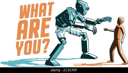 Treffen mit einem Cyborg Roboter und einem Mann - retro vintage Poster im Stempelstil Stock Vektor