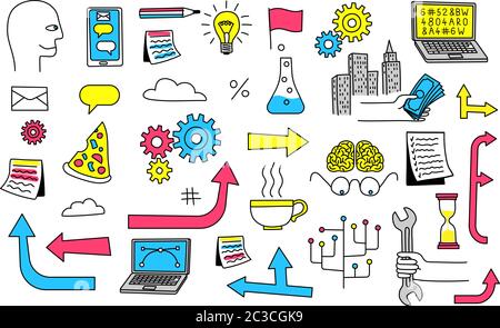 Doodle Symbole zur Illustration von Workflow, Geschäft, Plan, Schema Stock Vektor
