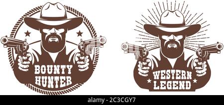 WESTERN Cowboy mit Bart und zwei Waffen - Retro-Emblem Stock Vektor