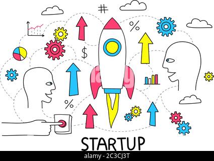 Start Doodle Flussdiagramm mit einer Rakete startet Stock Vektor