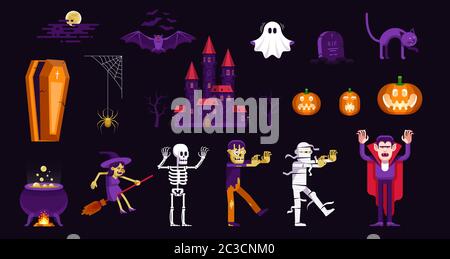 Halloween-Figuren und Symbole in Cartoon-Stil gesetzt Stock Vektor