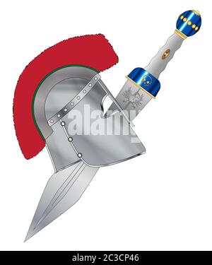 Eine typische römische Gladiatoren metal Helm und Schwert über einen weißen Hintergrund Stockfoto