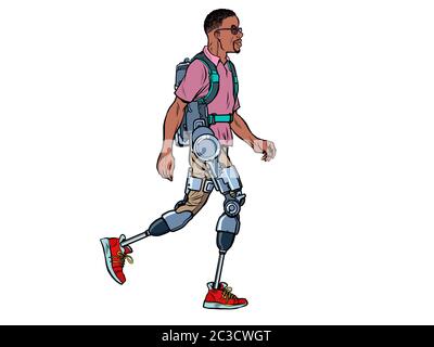 Exoskelett für Behinderte. afrikanischer Mann ohne Beine veteran Spaziergänge. Rehabilitation Behandlung recovery. Wissenschaft und Technologie. die pop art retro Vektor illus Stockfoto