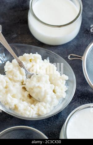 Kefir Körner und fermentierte Getränke kefir Nahaufnahme Stockfoto