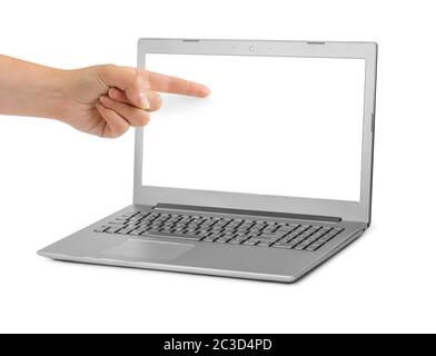 Notebook-Computer und zeigende hand Stockfoto
