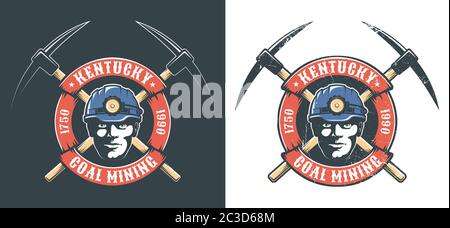 Miner's Logo mit Bergarbeiterkopf in Hardhut mit Laterne und Gekreuzte Picks Stock Vektor