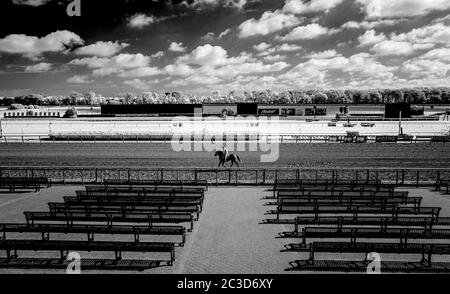 Elmont, NY, USA. April 2014. 19. Juni 2020: Ein Pferd trainiert auf der Strecke, während sich die Pferde auf die Belmont Stakes im Belmont Park in Elmont, New York, vorbereiten. (Bild mit einer modifizierten Infrarotkamera) Scott Serio/Eclipse Sportswire/CSM/Alamy Live News Stockfoto