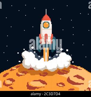 Pixel Art Raketen starten aus Stock Vektor
