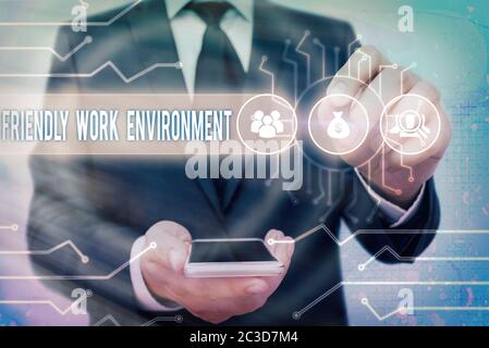 Handschriftliche Texte freundliches Arbeitsumfeld. Konzeptfoto Zukunft Stadt smart, modern, Hochhaus Gebäude Umwelt Stockfoto