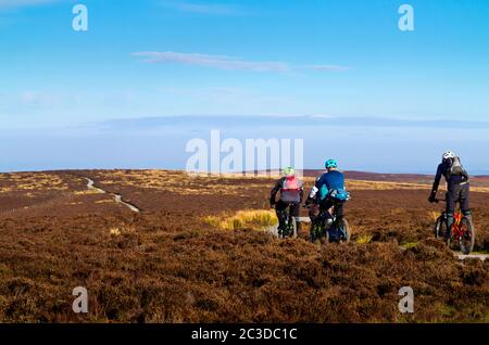 Mountainbiker, die auf den Shropshire Hills in der Nähe des Long Mynd reiten, einem Gebiet von außergewöhnlicher natürlicher Schönheit im Norden von midlands England Stockfoto