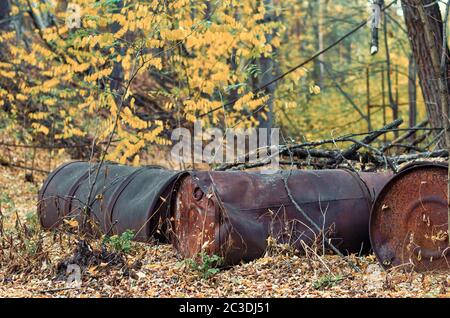 Alte Fässer chemischer Abfälle im Wald von Tschernobyl Stockfoto