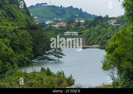 Blick auf Zealandia, früher bekannt als das Karori Wildlife Sanctuary, mit dem See und dem Ventilturm in der Nähe von Wellington an der Südspitze des Nordens Stockfoto