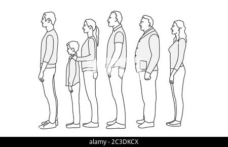 Menschen stehen Schlange. Profil. Vektordarstellung für Linienzeichnung. Stockfoto
