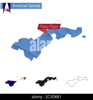 American Samoa blau Low Poly Karte mit Hauptstadt Pago Pago, vier Versionen der Karte. Vektorgrafik. Stock Vektor