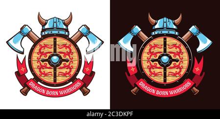 Viking Logo mit gehörntem Helm, gekreuzten Äxten und Schild mit Drachen Stock Vektor